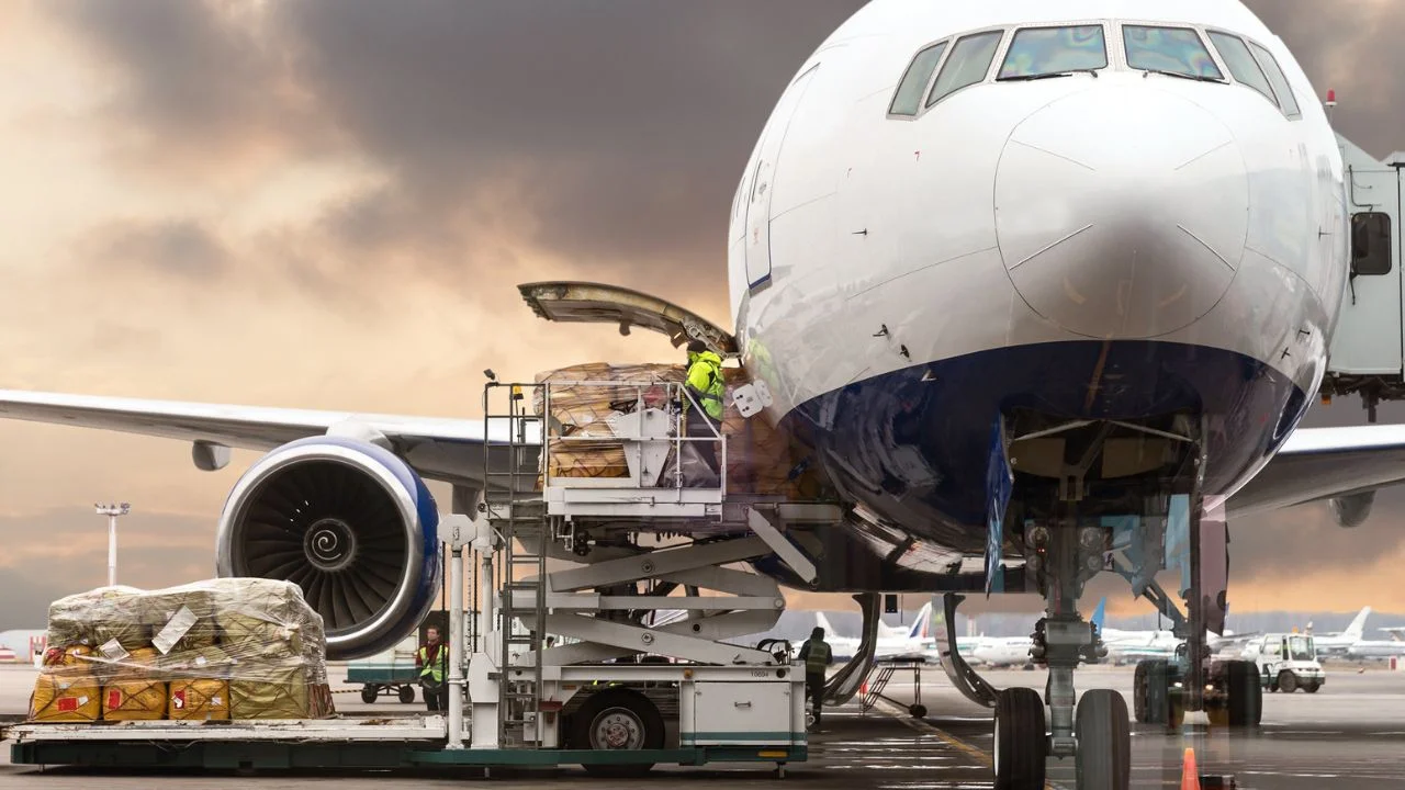 Air cargo being loaded into the hold of a commercial aircraft