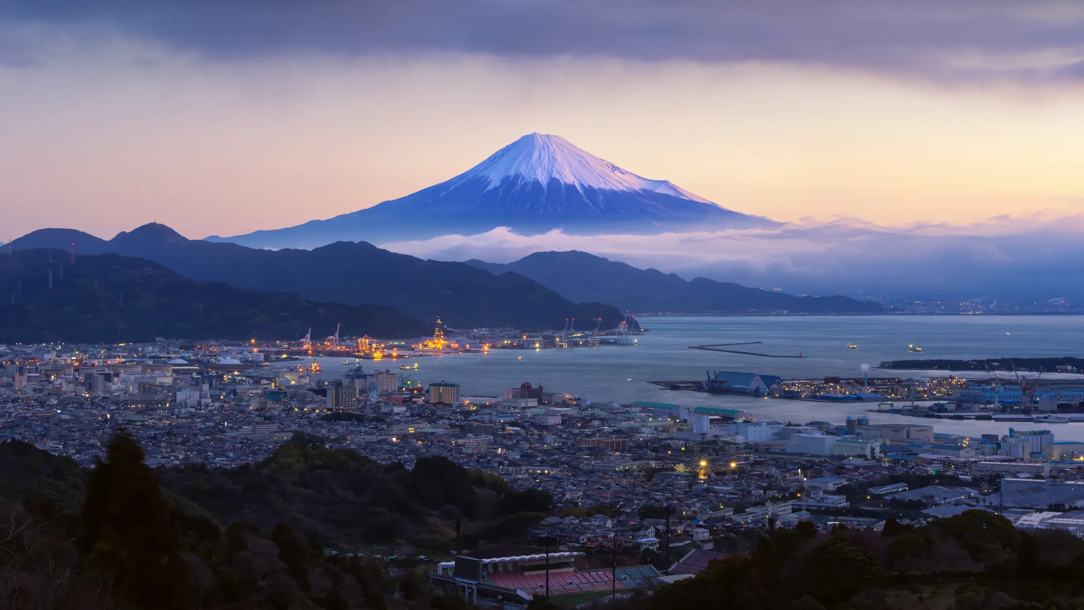 Mount Fuji viewed from a Japanese port