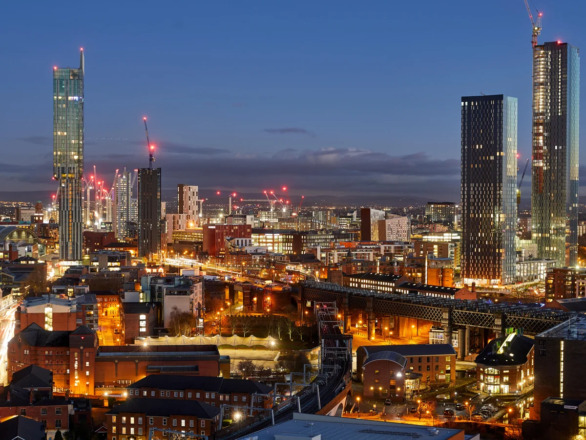 Manchester city centre skyline at night