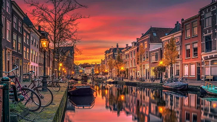 Amsterdam canal houses at sunset