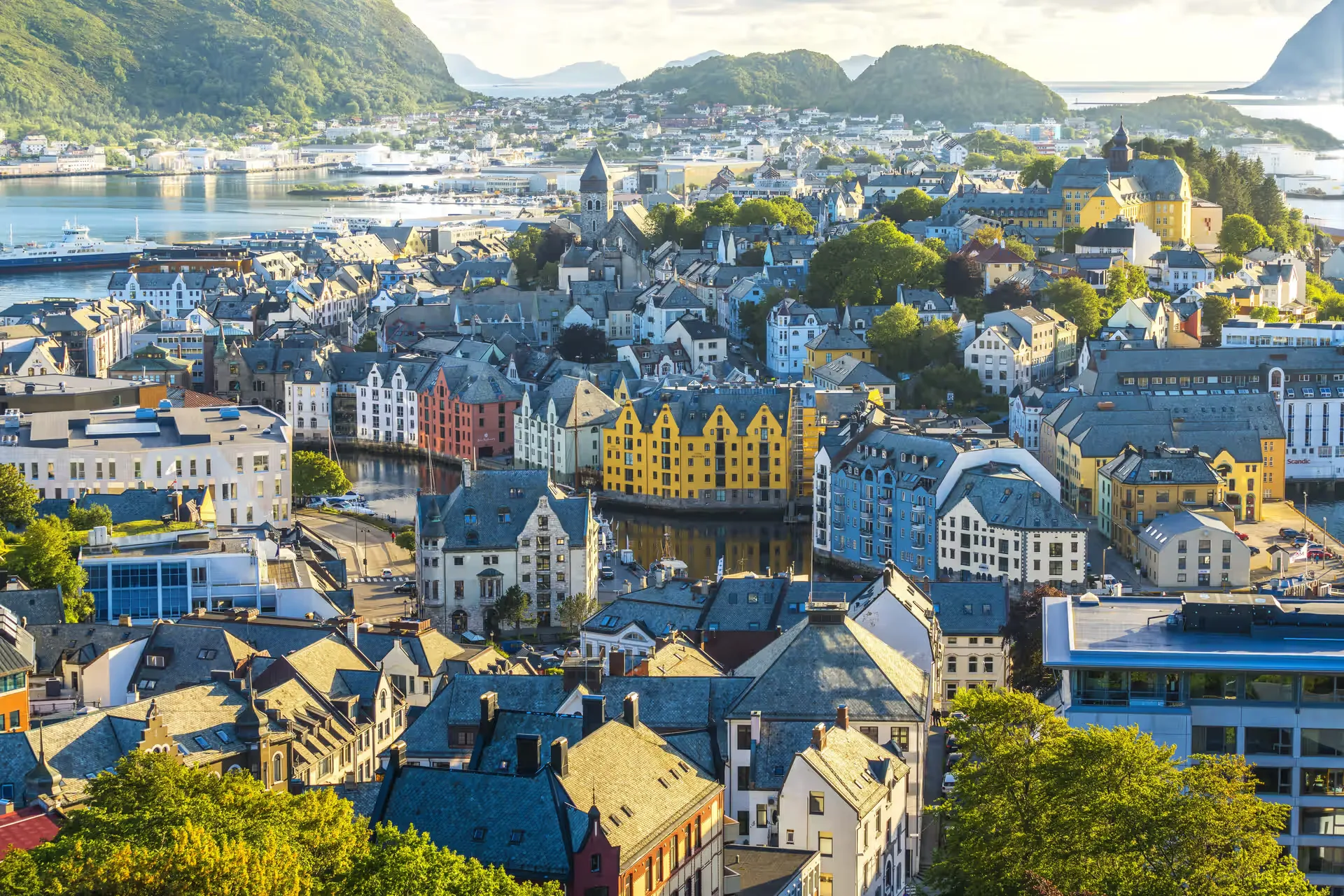 Brosundet canal and art nouveau houses in Alesund Norway