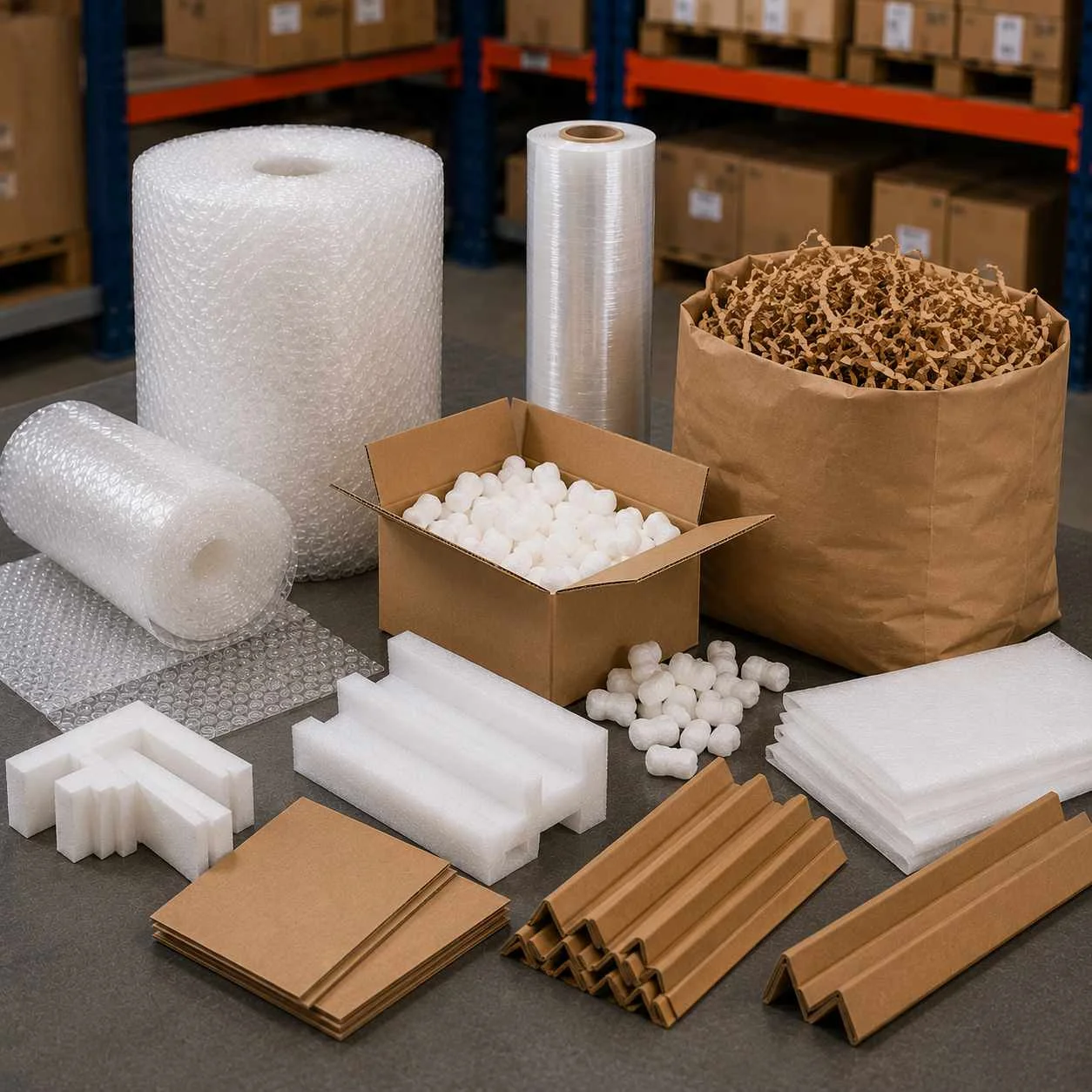 Protective packaging including bubble wrap, foam, paper cushioning and edge protectors