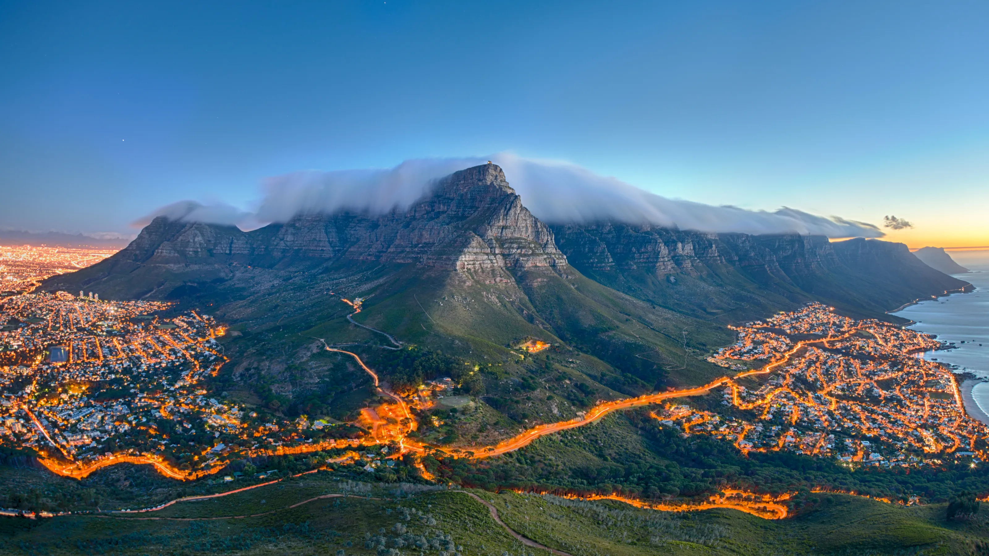 Cape Town and Table Mountain illuminated at night