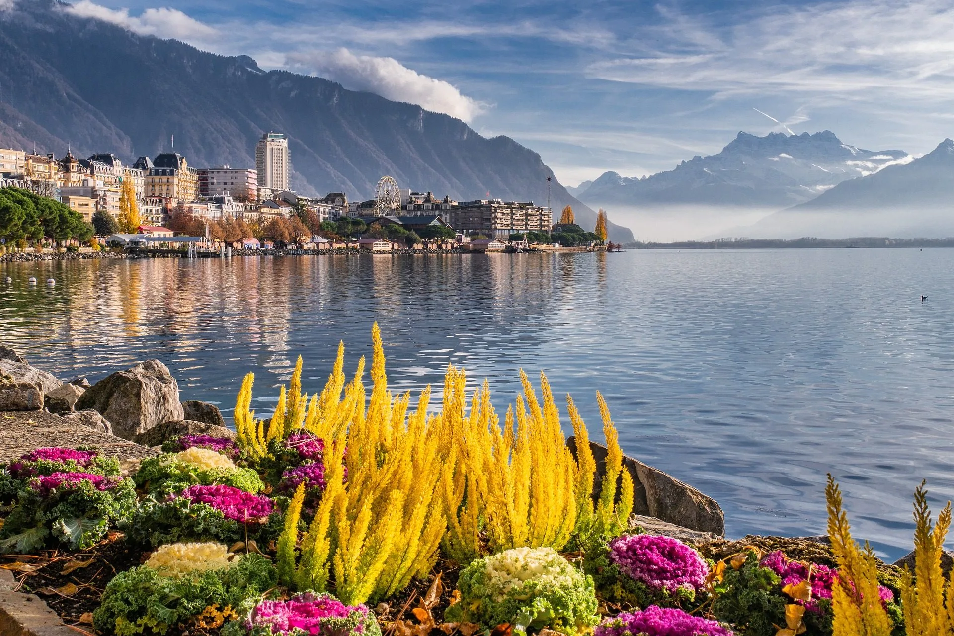 Montreux on Lake Geneva with Swiss alpine mountains